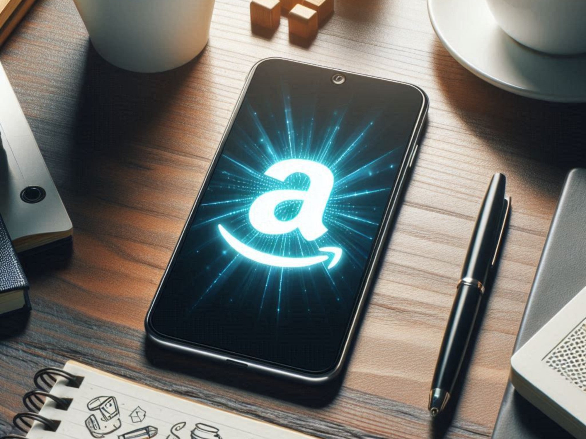 Smartphone mit Amazon-Logo auf dem Display liegt auf einem Schreibtisch.