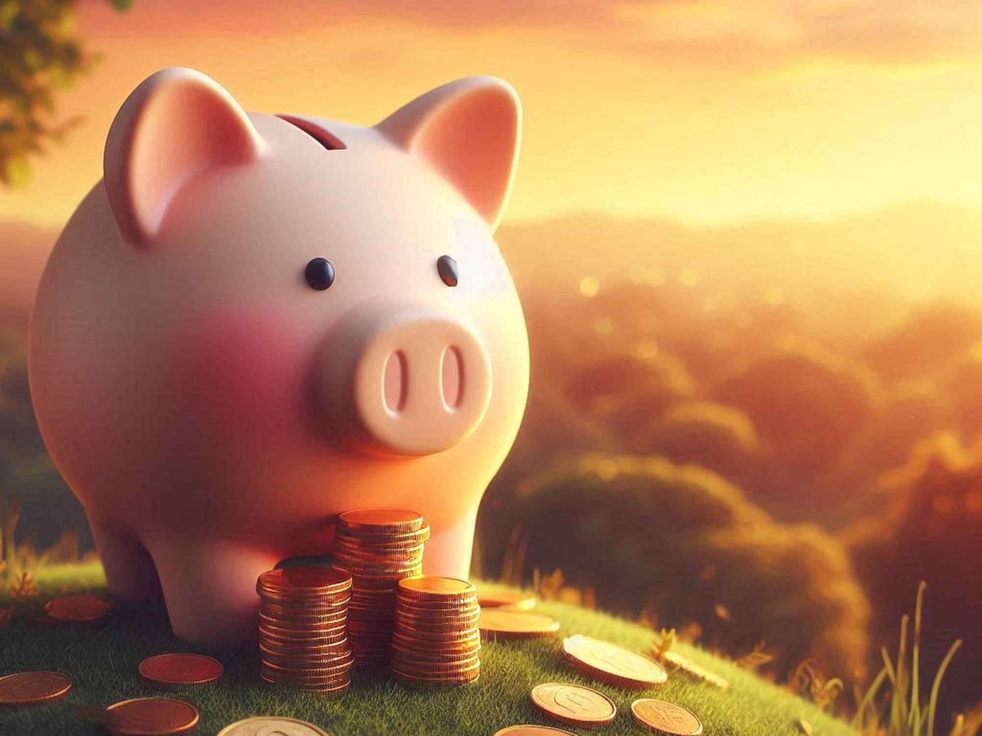 Sparschwein steht im Sonnenuntergang neben Münzen.