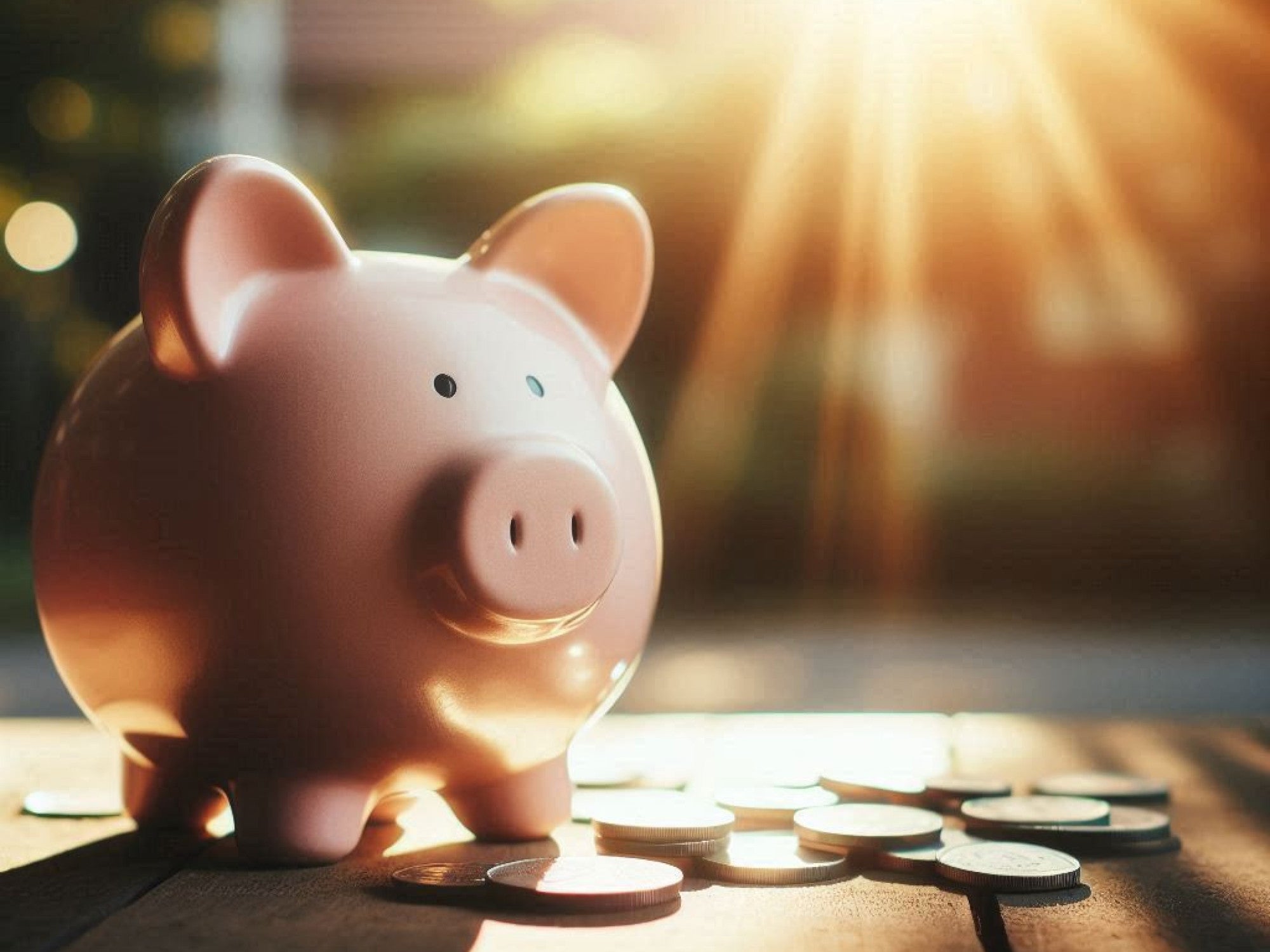 Sparschwein steht im Sonnenlicht neben Münzen.