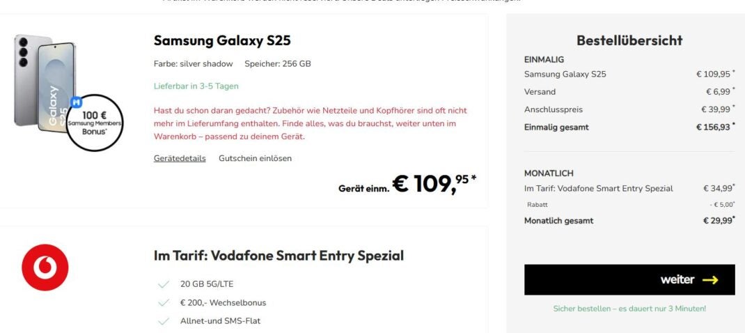 Sparhandy-Angebot zum Galaxy S25 mit Vodafone Tarif und 100 Euro Bonus