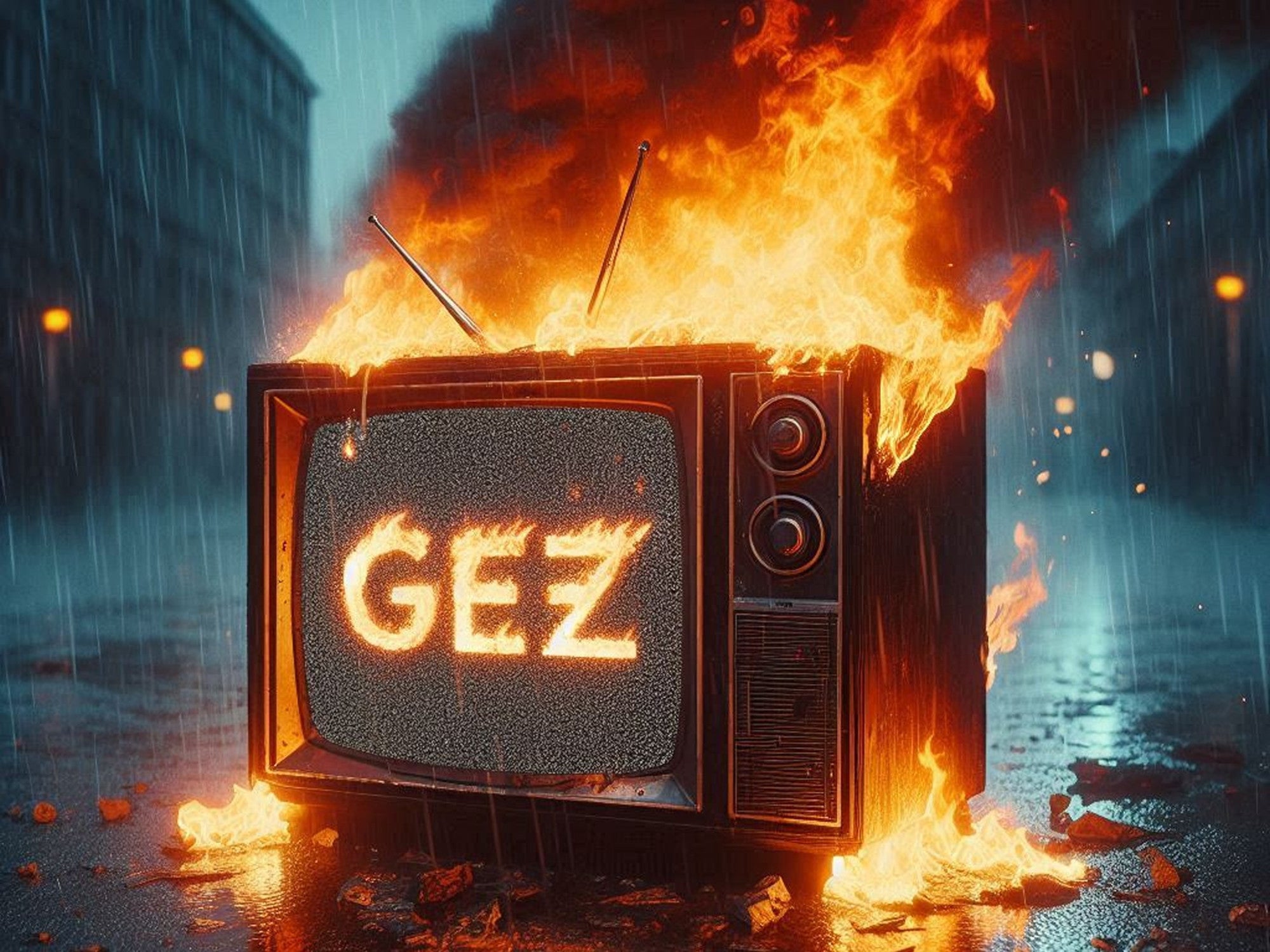 Fernseher mit der Aufschrift GEZ brennt.