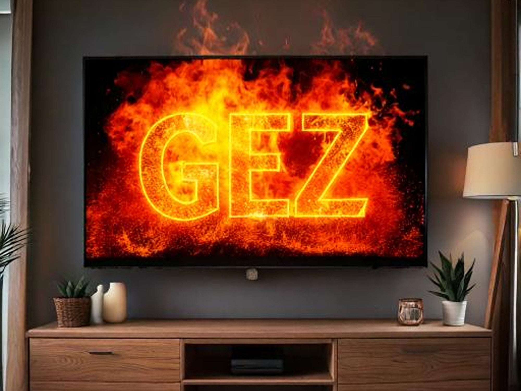 Fernseher in einem Wohnzimmer auf dessen Display ein brennendes GEZ-Logo zu sehen ist.