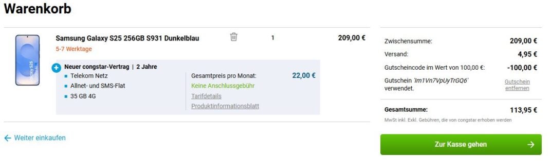 Warenkorb-Ansicht von Gomibo: Galaxy S25 dank Gutscheincode günstiger