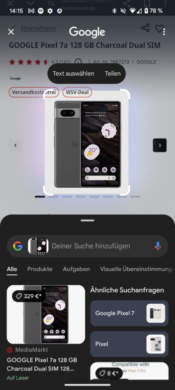 Google Pixel 7a im Langzeittest - Mit Circle to Search bekommst du schnell Suchergebnisse zu einem ausgewählten Bildschirminhalt angezeigt