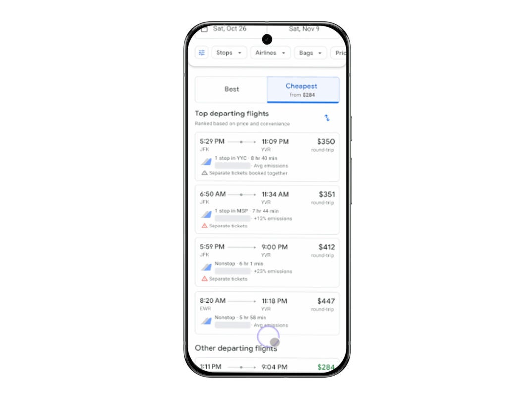 Google FLights Handyanzeige mit Option "Cheapest"