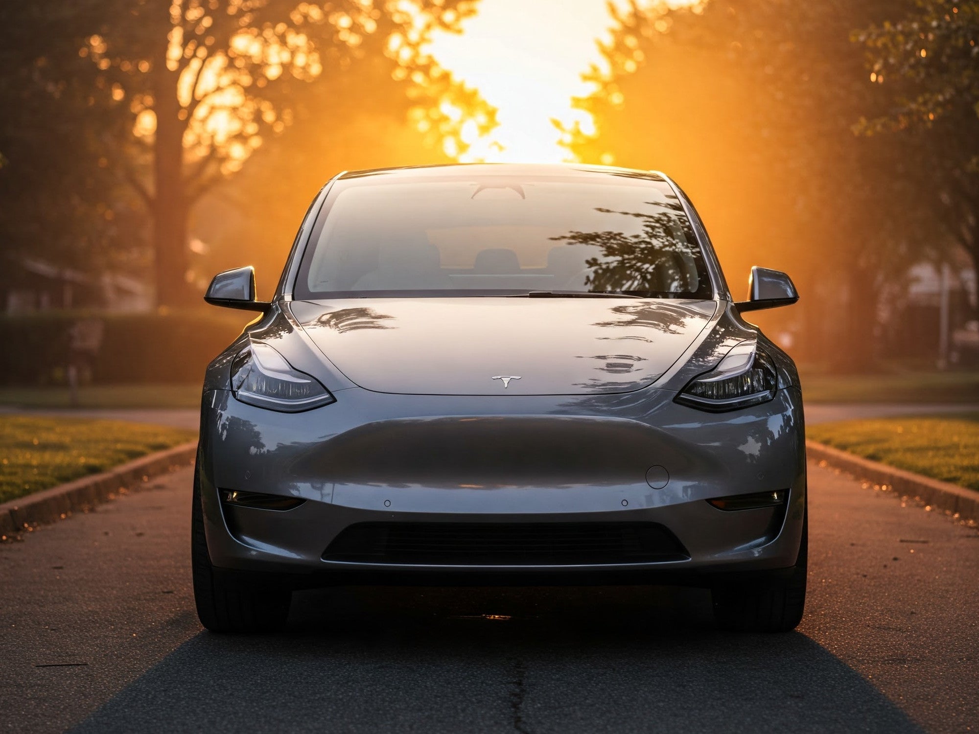 Tesla Model Y in der Frontansicht im Sonnenlicht.