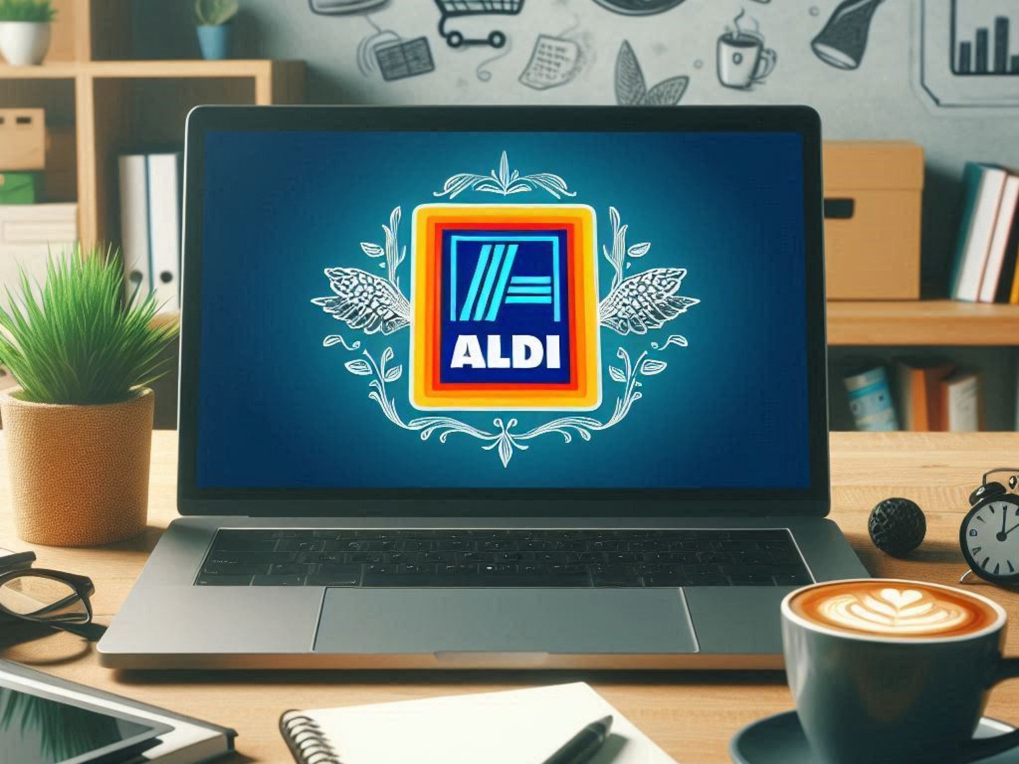 Notebook mit einem Logo von Aldi auf dem Display.