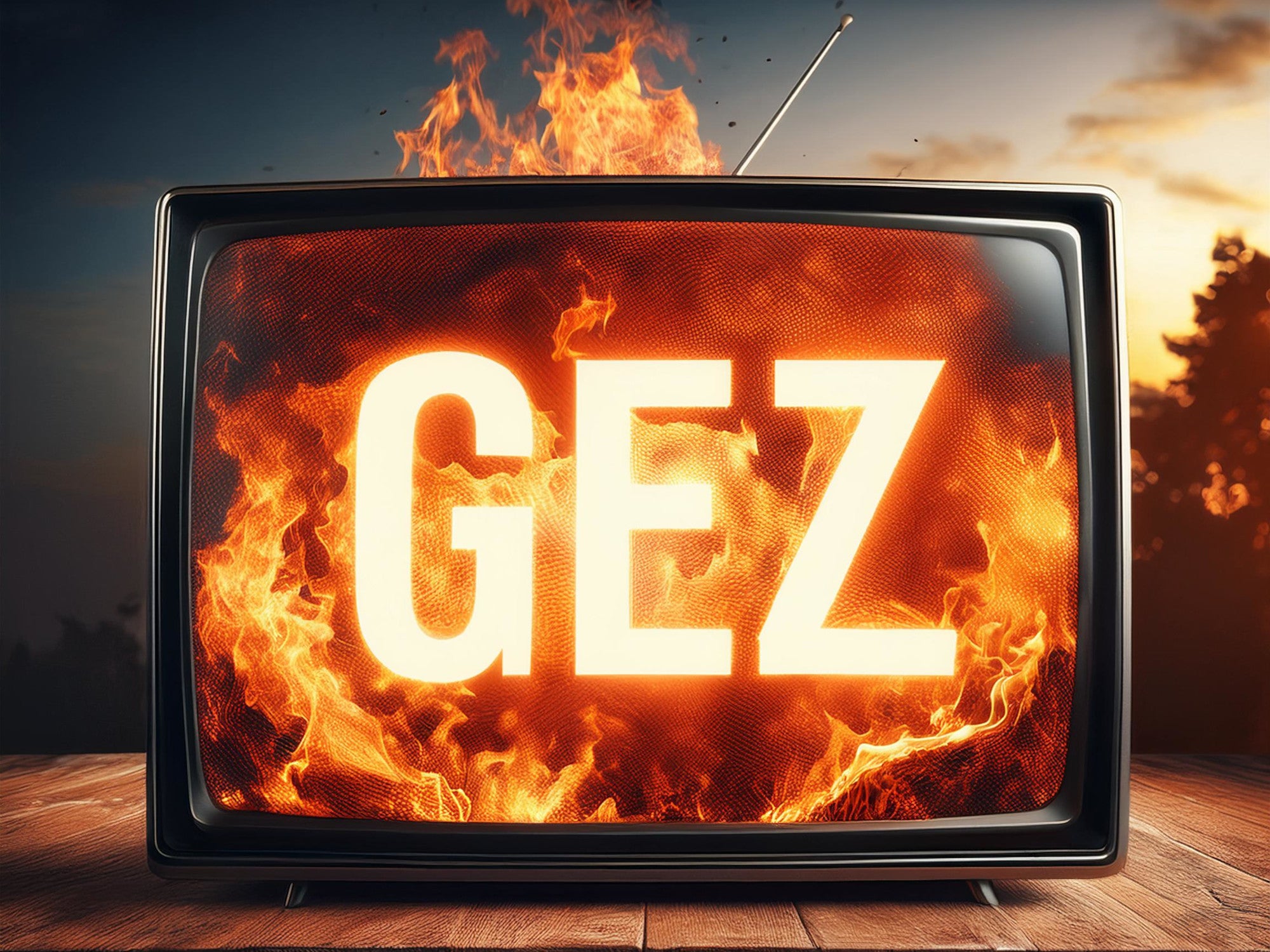 Brennendes GEZ-Logo auf einem Fernseher.