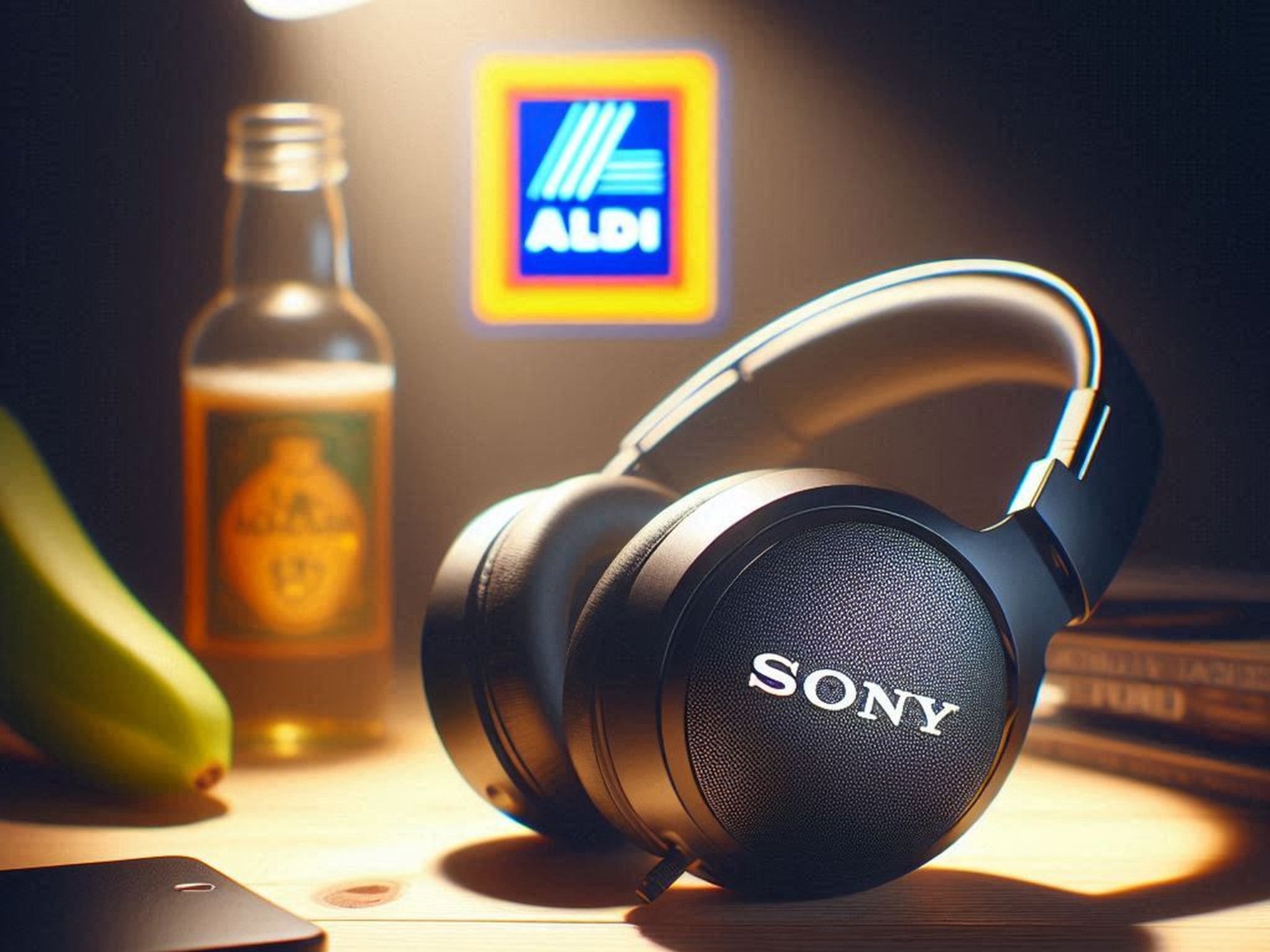 Kopfhörer von Sony vor einem Aldi-Logo.