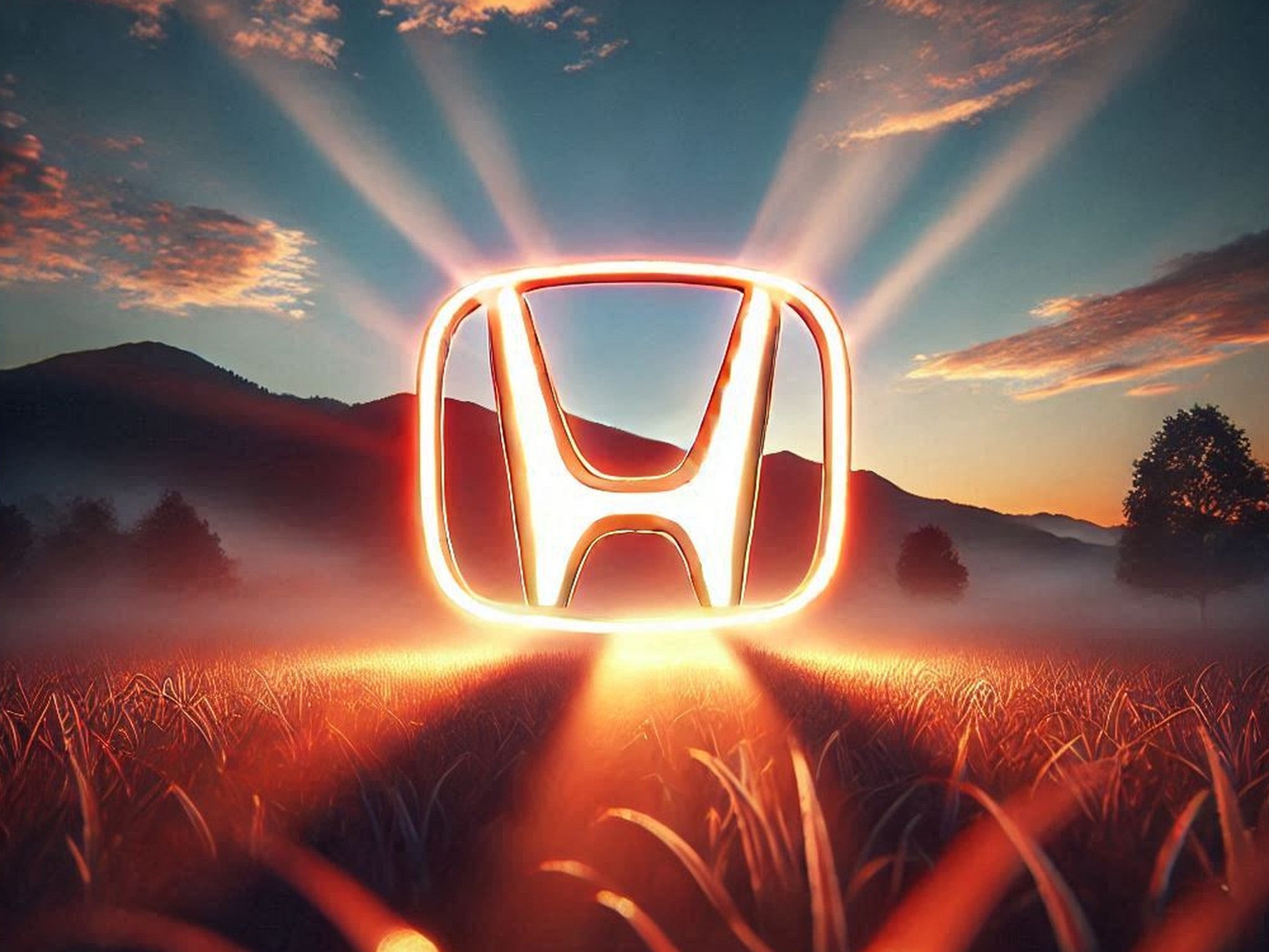 Glühendes Logo von Honda vor einem Sonnenaufgang.