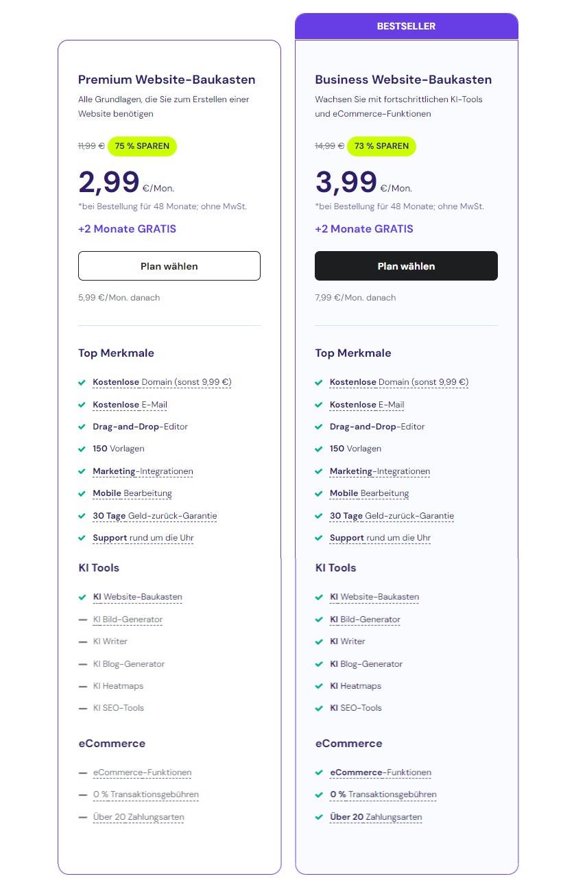Hostinger Premium- und Business-Option im Vergleich