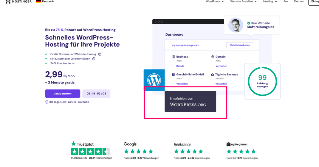 Hostinger - von WordPress empfohlen und Top-Bewertungen bei Trustpilot