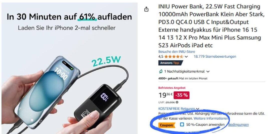 INIU-Powerbank bei Amazon mit Extra-Rabatt durch Coupon.