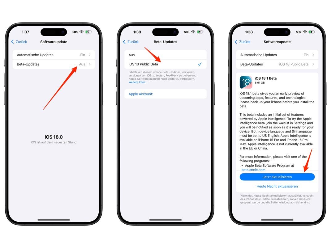 Screenshots der Softwareupdate-Einstellungen in iOS 18.1