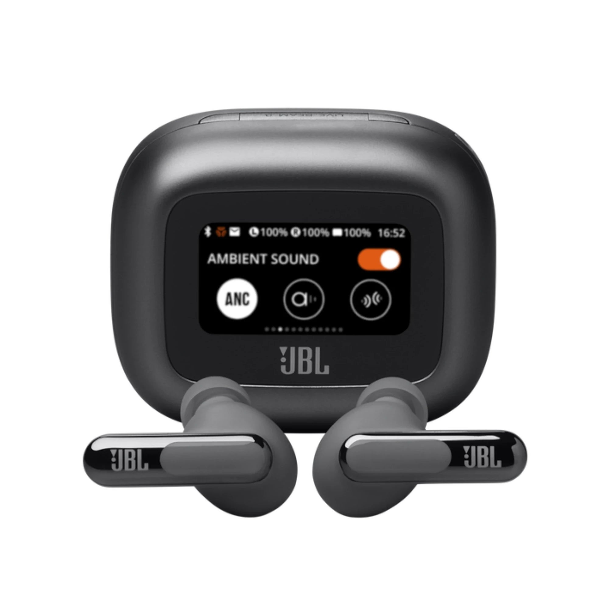 JBL Live Beam 3 Case mit In-Ear-Kopfhörern davor