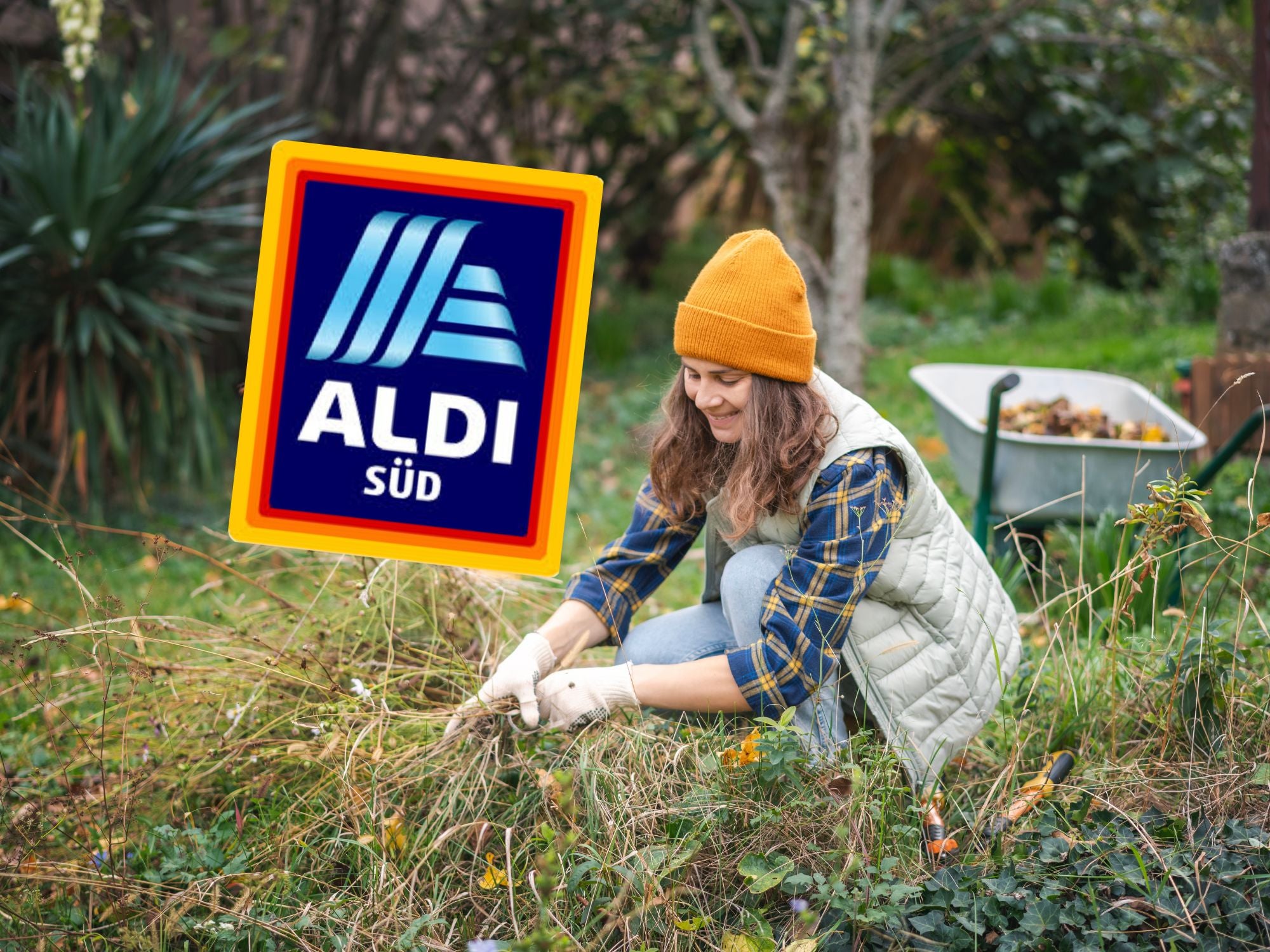 Frau sitzt im Garten und sammelt alte Sträucher ein