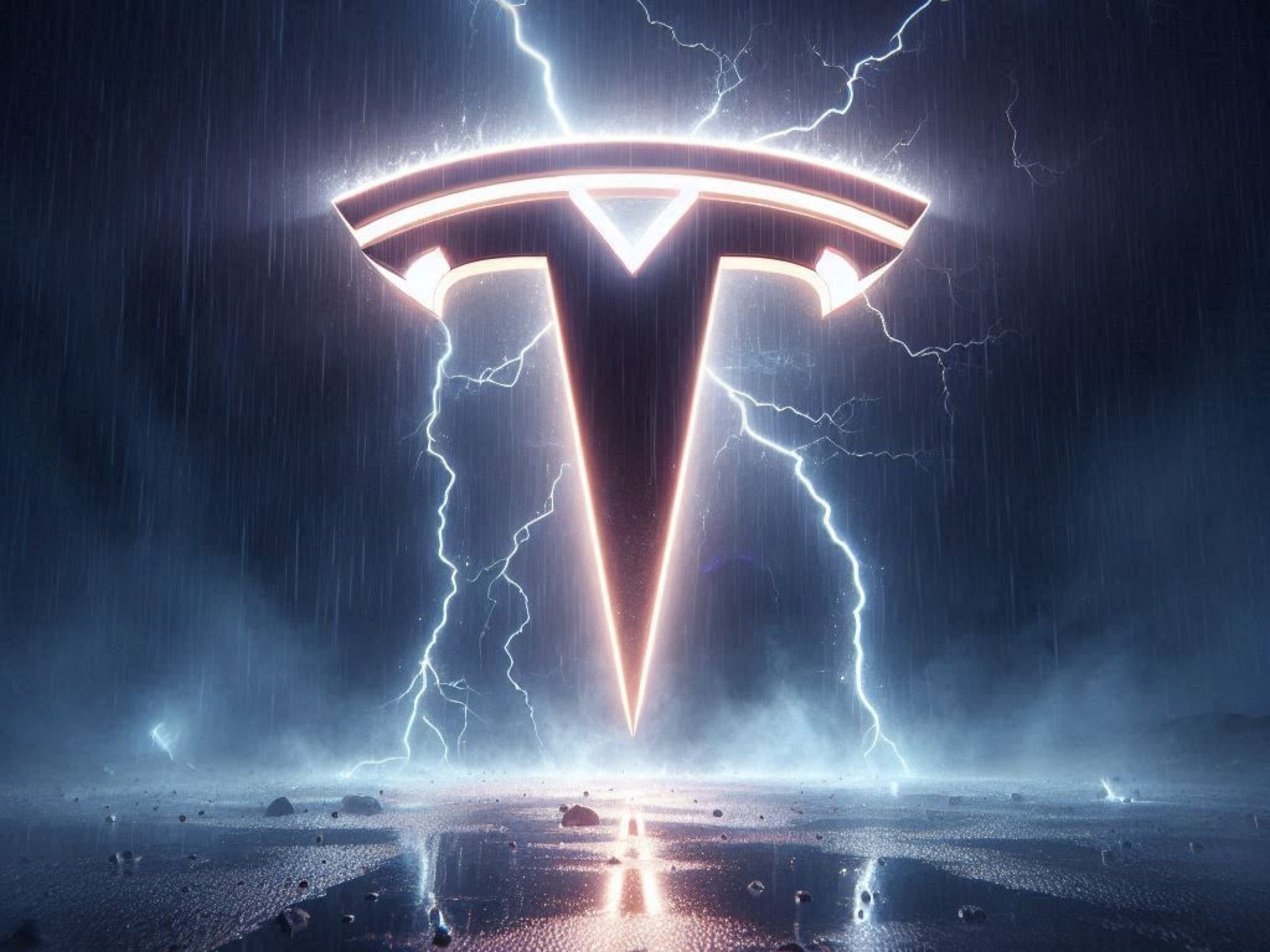 Tesla-Logo in einem Gewitter.