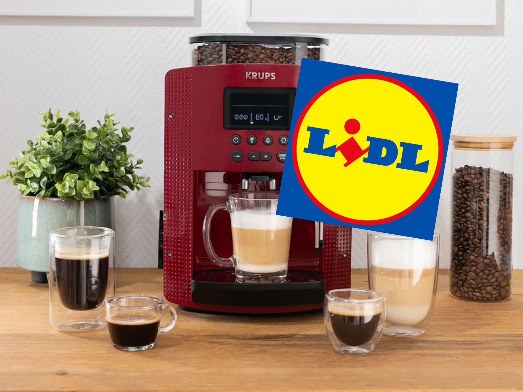 Der Kaffeevollautomat von Krups mit verschiedenen Kaffeekreationen und Lidl-Logo