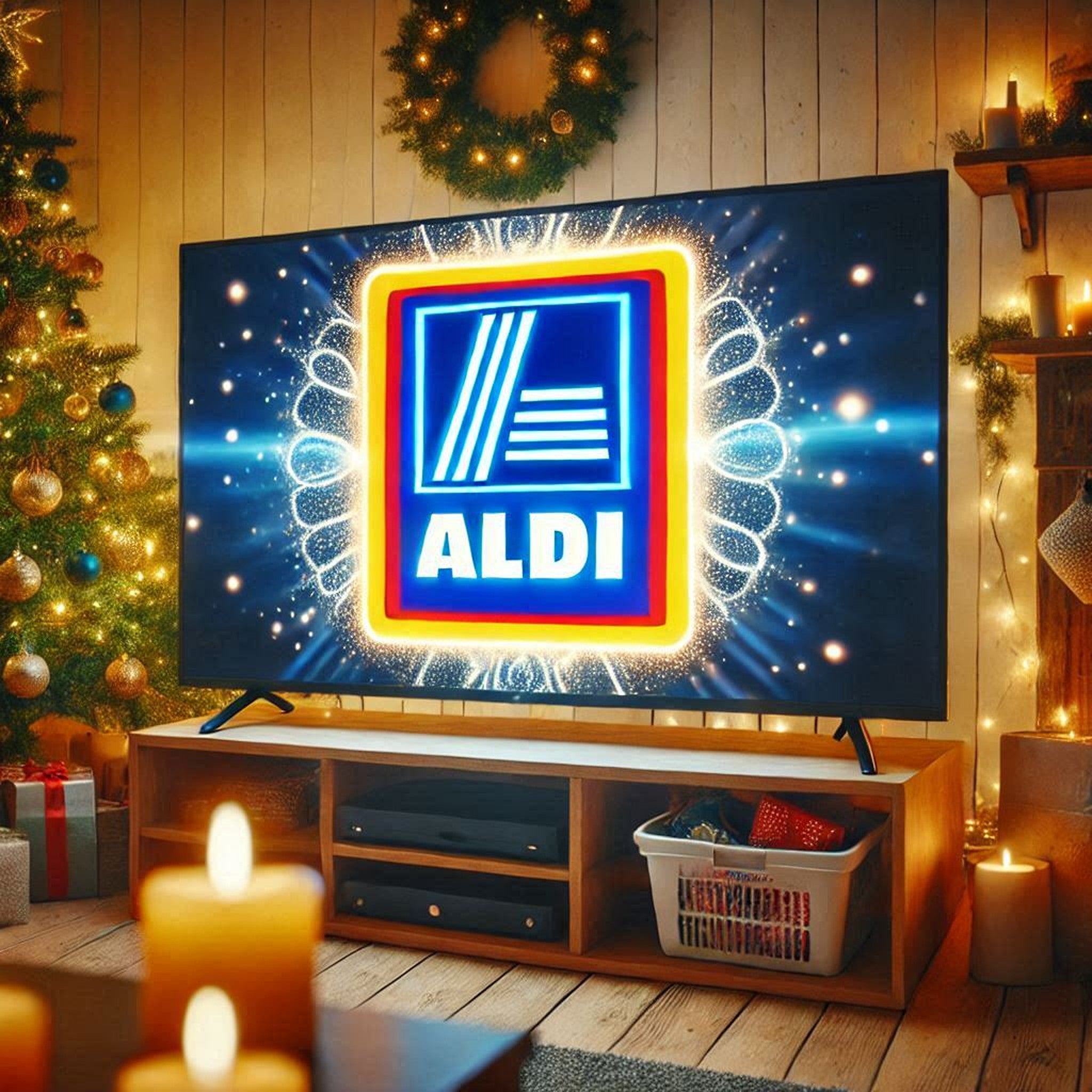 Fernseher mit einem leuchtenden Logo von Aldi in einem weihnachtlichen Wohnzimmer.