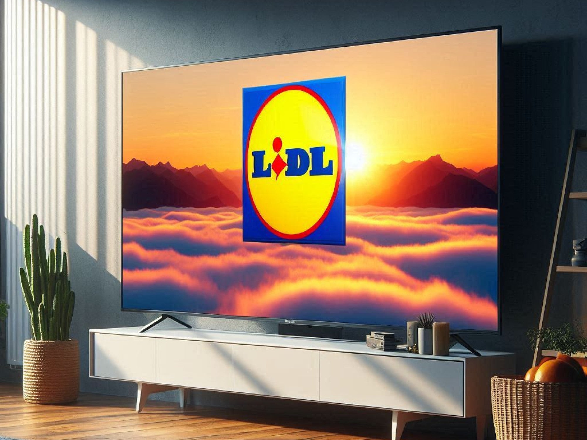 Fernseher in einem Wohnzimmer mit dem Logo von LIdl auf dem Display.