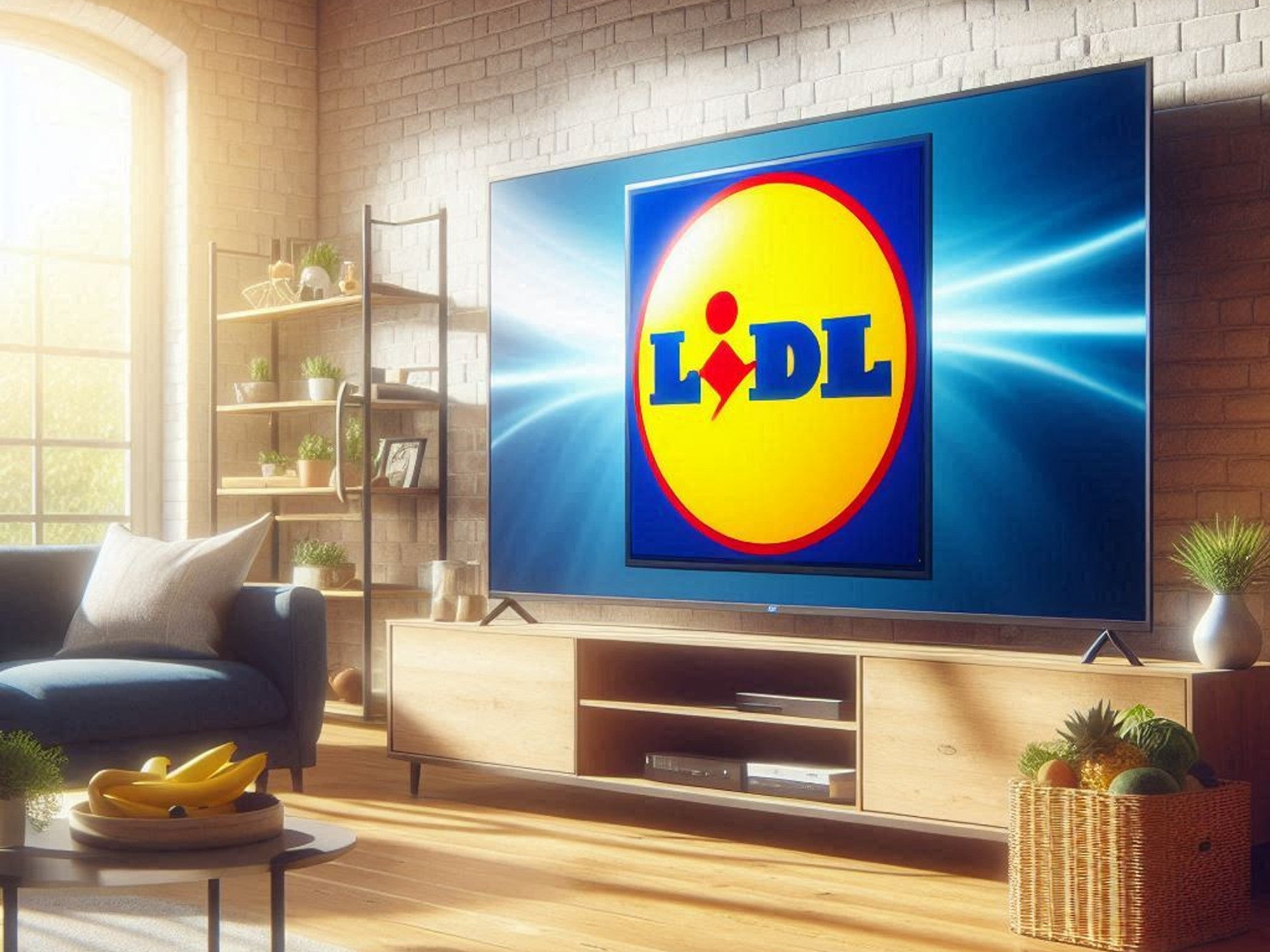 Fernseher mit einem Logo von Lidl steht in einem Wohnzimmer.