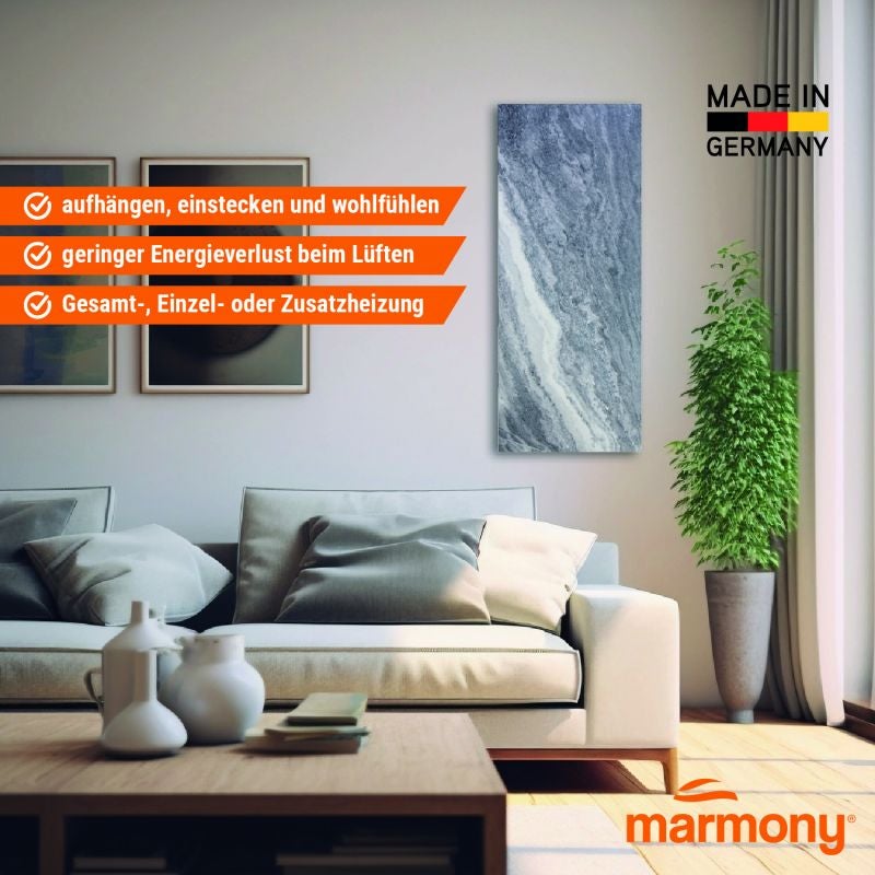 Marmony Infrarot-Wandheizung in Marmor-Optik an einer Wand.