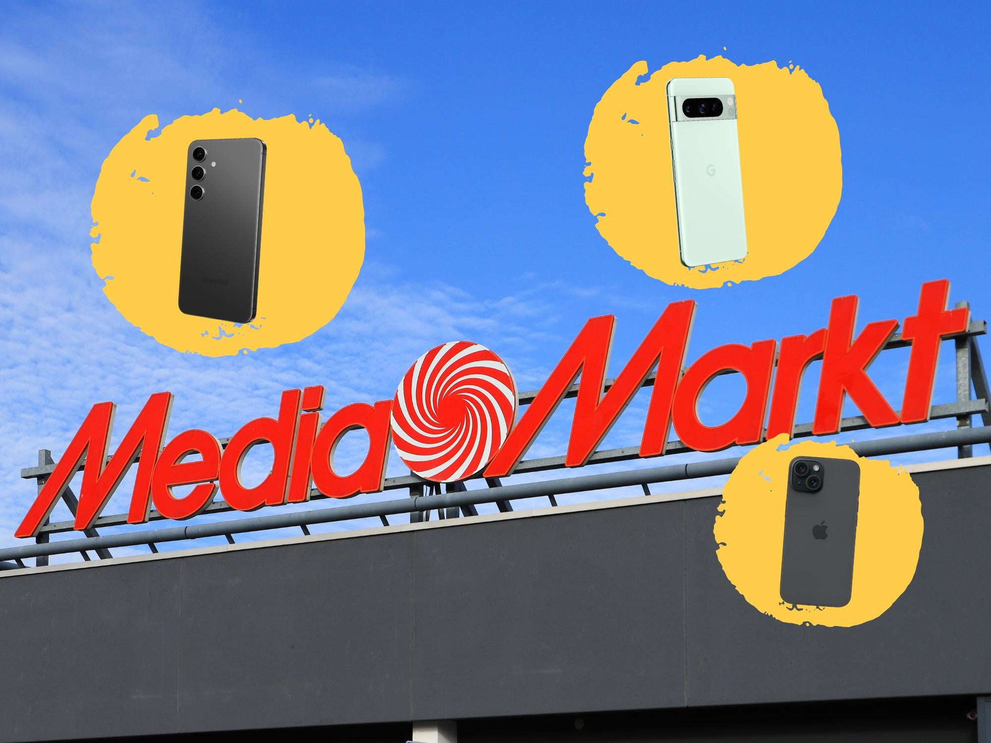 MediaMarkt-Logo mit eingebauten Smartphones von Samsung (Galaxy), Apple (iPhone) und Google (Pixel)