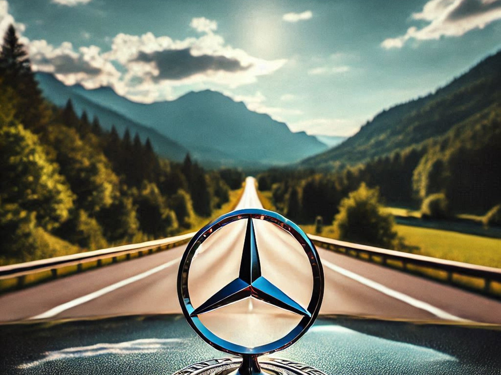 Mercedes-Stern an einem Auto vor einer Straße.