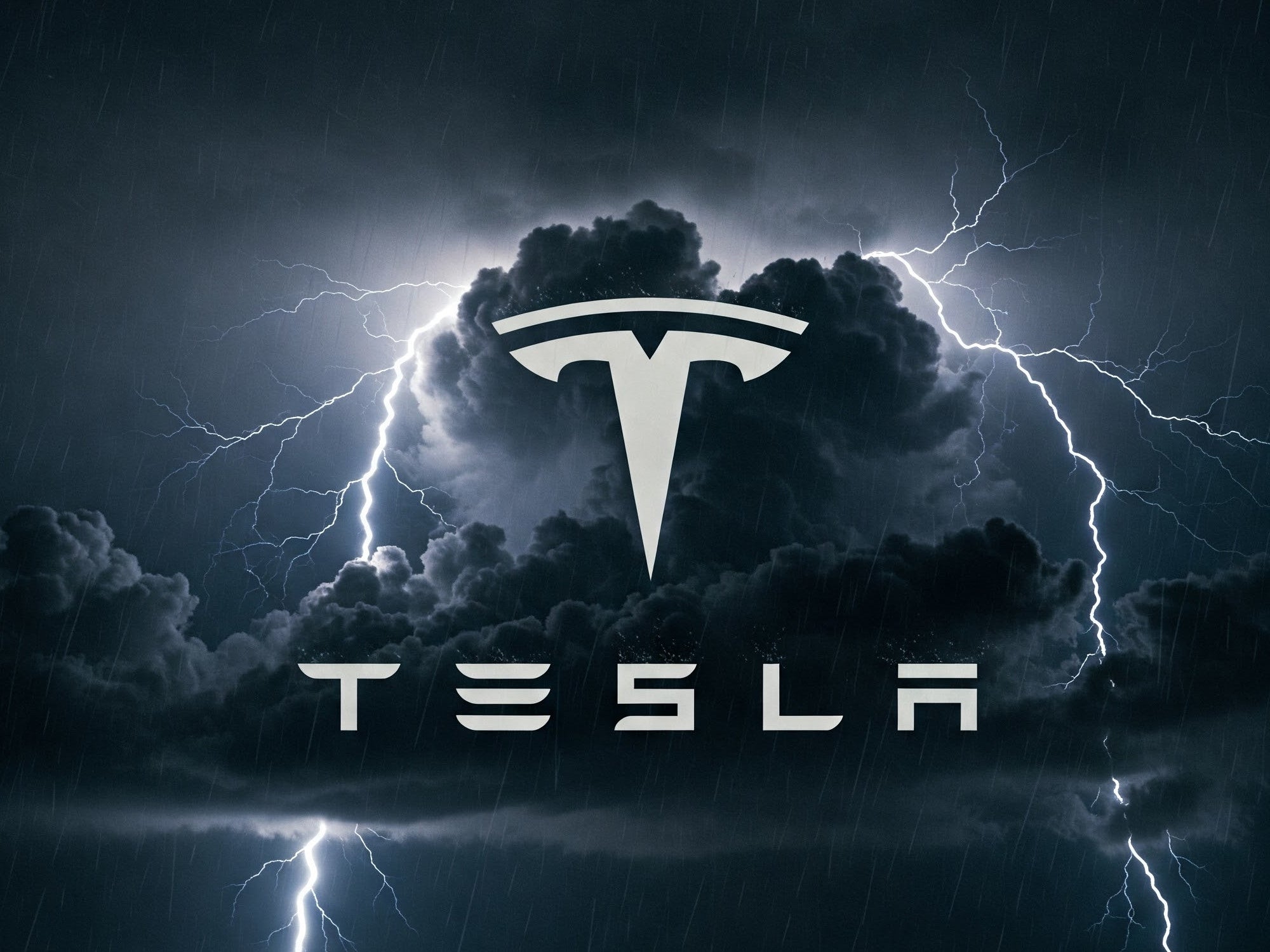 Tesla-Logo vor einem Gewitter.