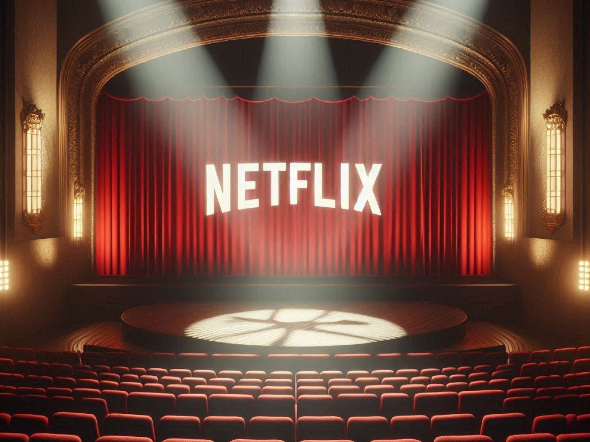 Netflix-Logo auf einer Kino-Leinwand im Scheinwerferlicht.