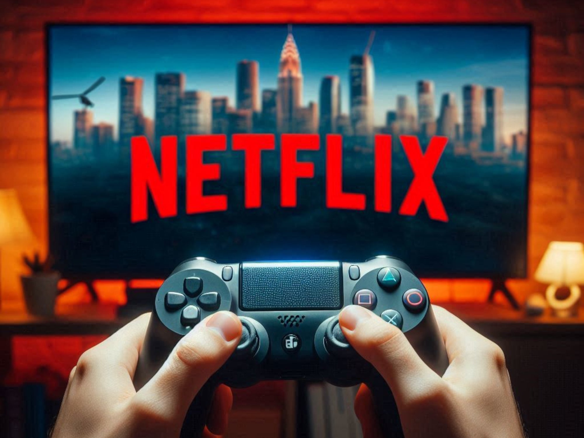 Das Netflix Logo auf einem Bildschirm mit einem Controller.