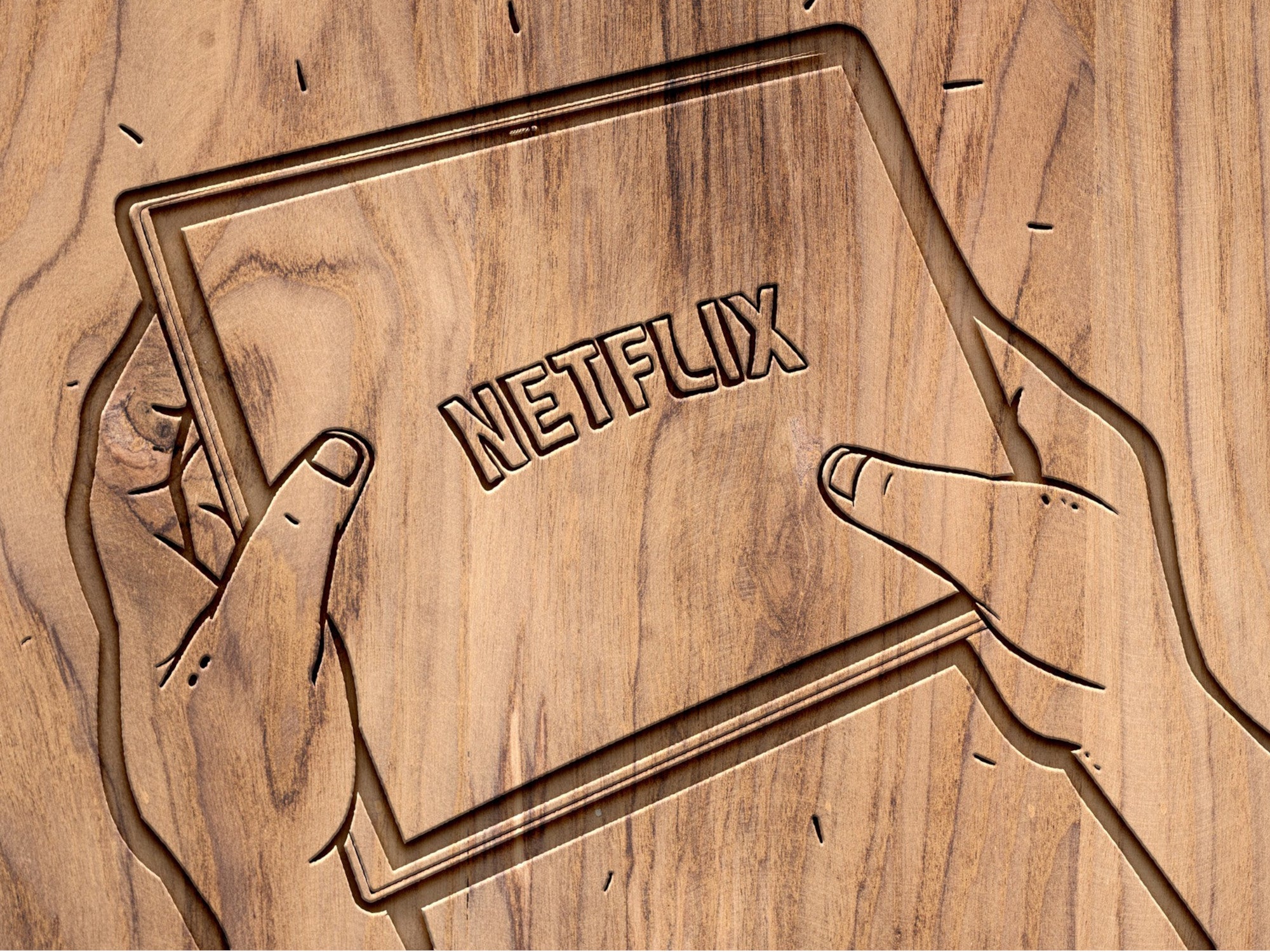 The Netflix logo on a wooden board