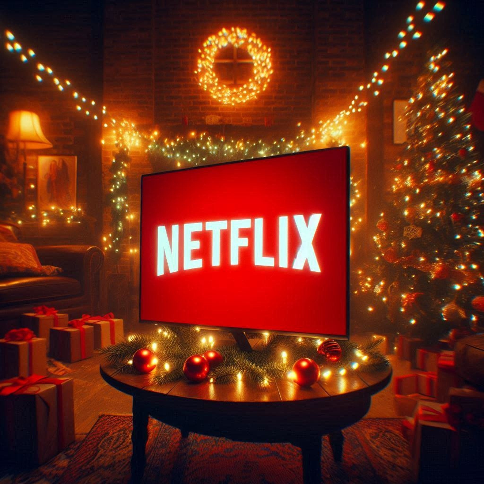 Netflix-Logo in weihnachtlicher Umgebung.