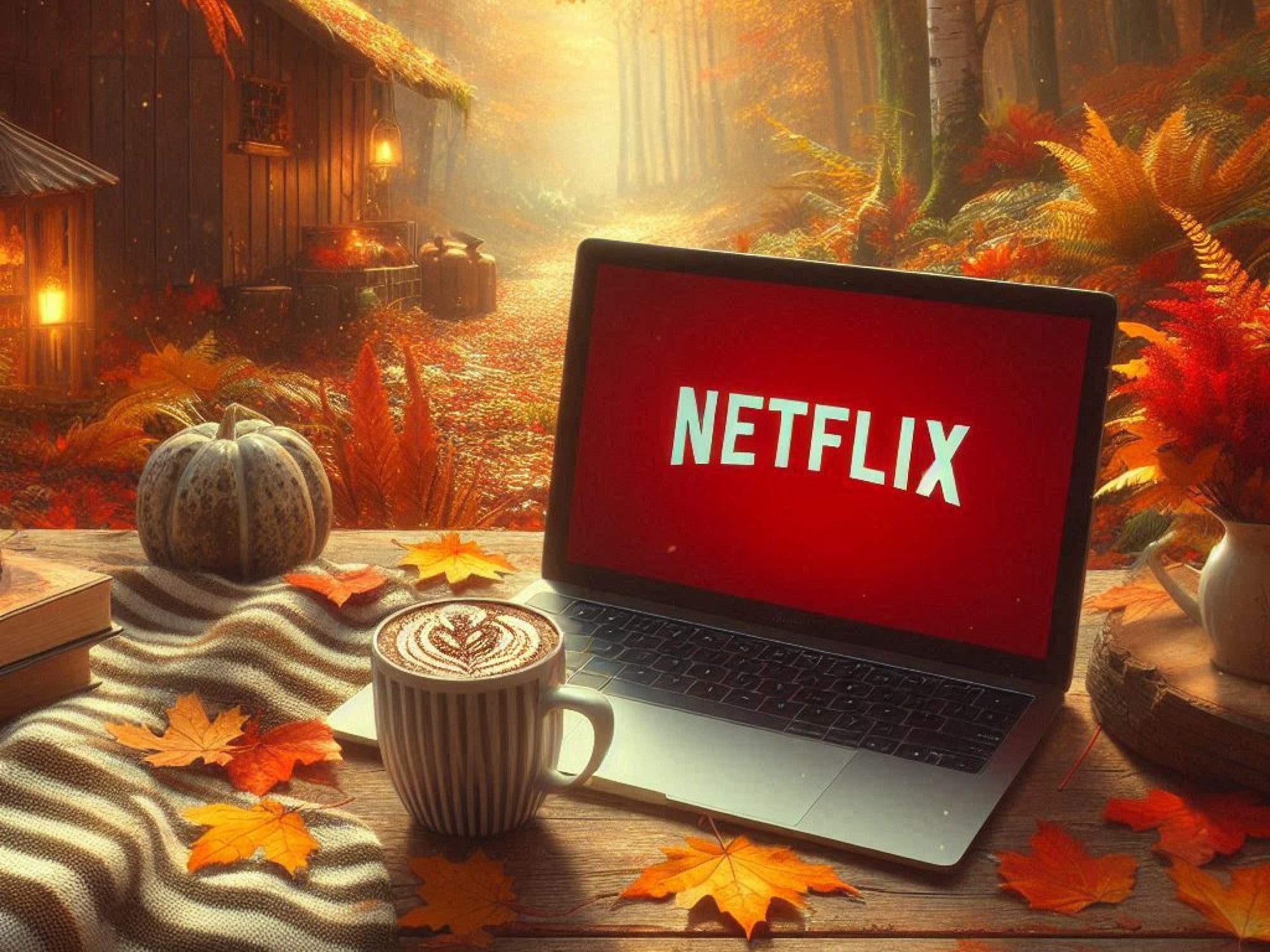 Notebook mit einem Netflix-Logo auf dem Display in herbstlicher Umgebung.