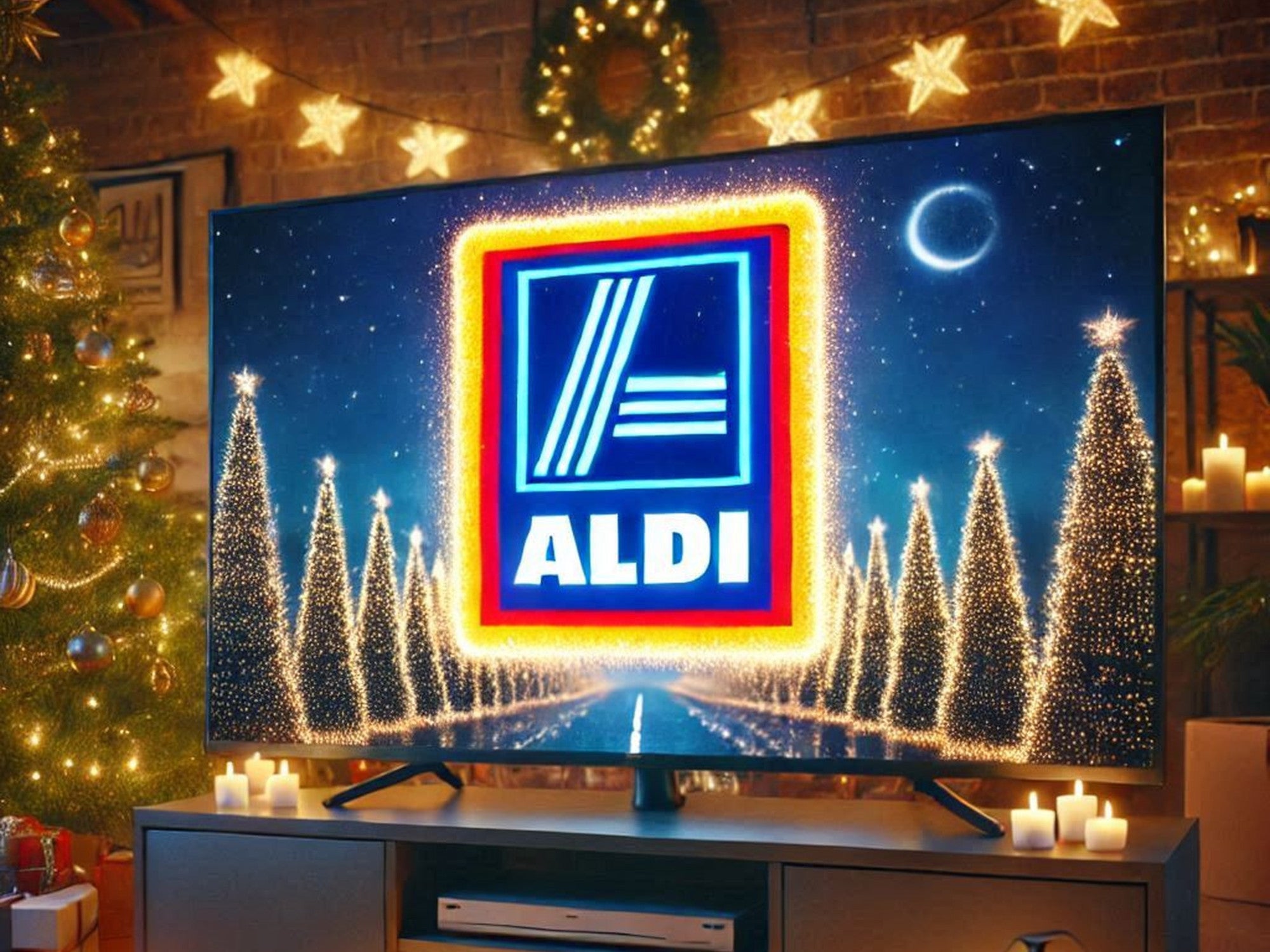 Aldi-Logo auf einem Flachbildfernseher in weihnachtlich dekoriertem Zimmer.