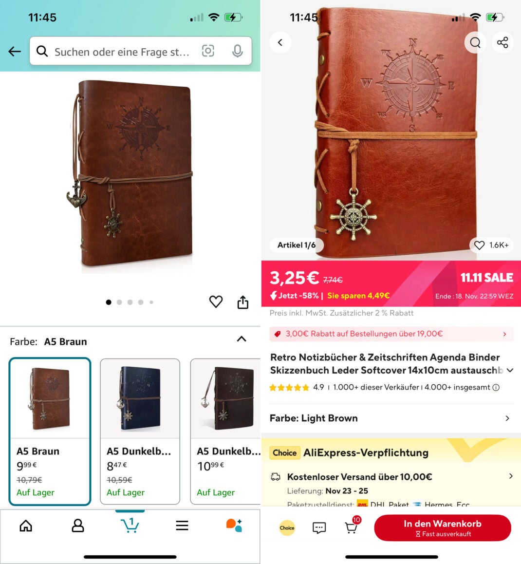 Preis für ein und dasselbe Notizbuch bei Amazon und AliExpress