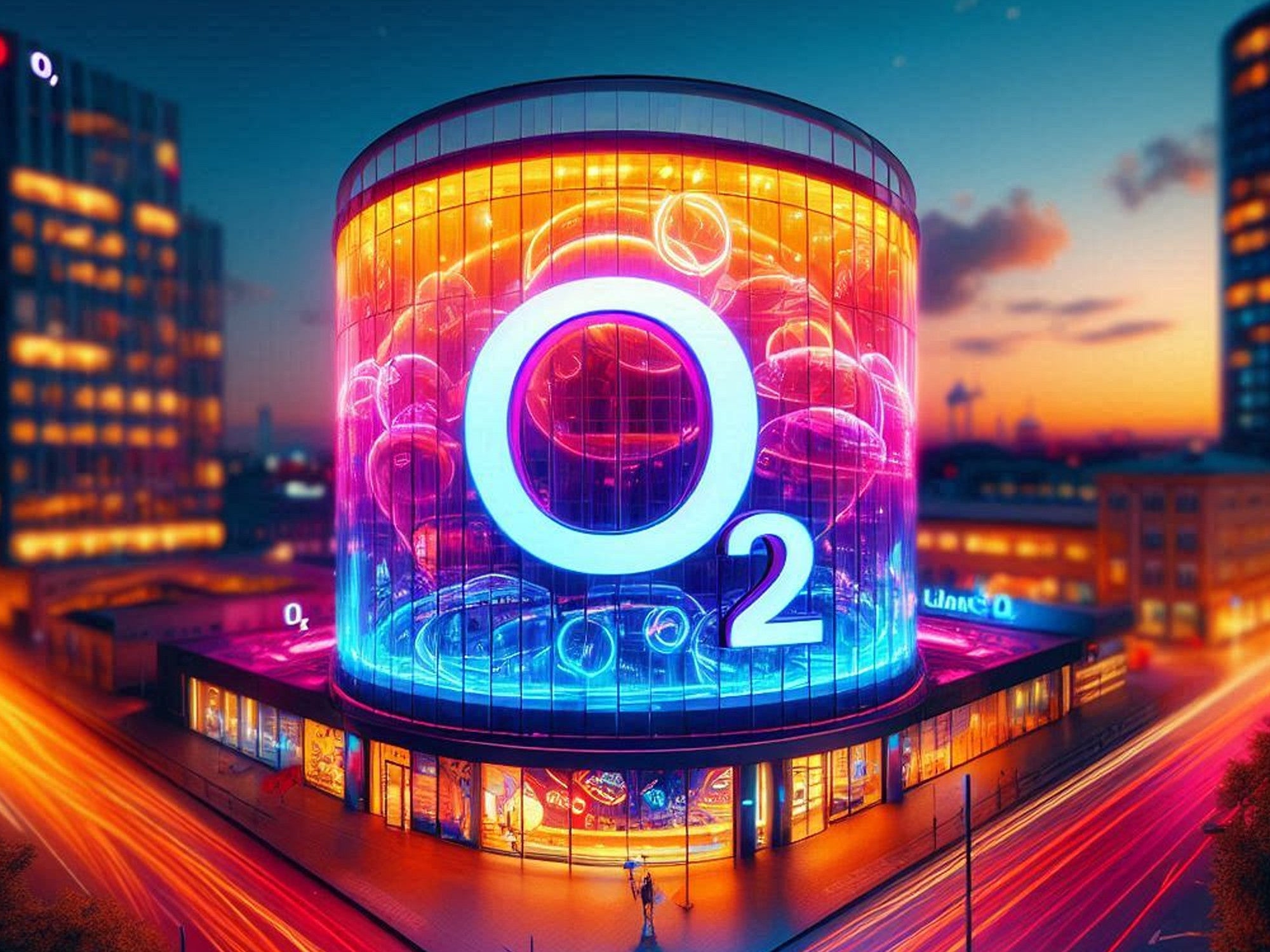 O2-Logo auf einer Außenfassade eines Gebäudes.