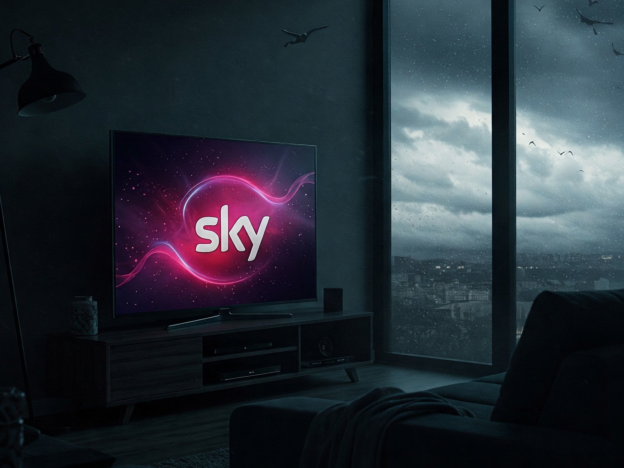 Fernseher mit Sky-Logo in einem Zimmer mit trüben Wetter hinter einem Fenster.