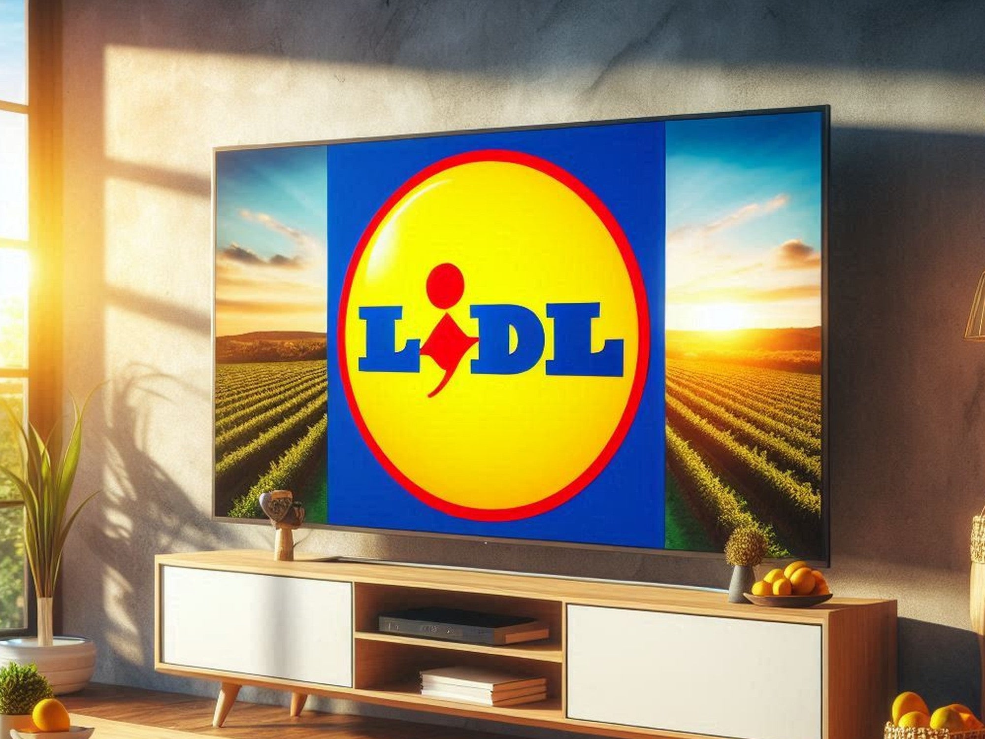 Fernseher mit Lidl-Logo in einem Wohnzimmer.