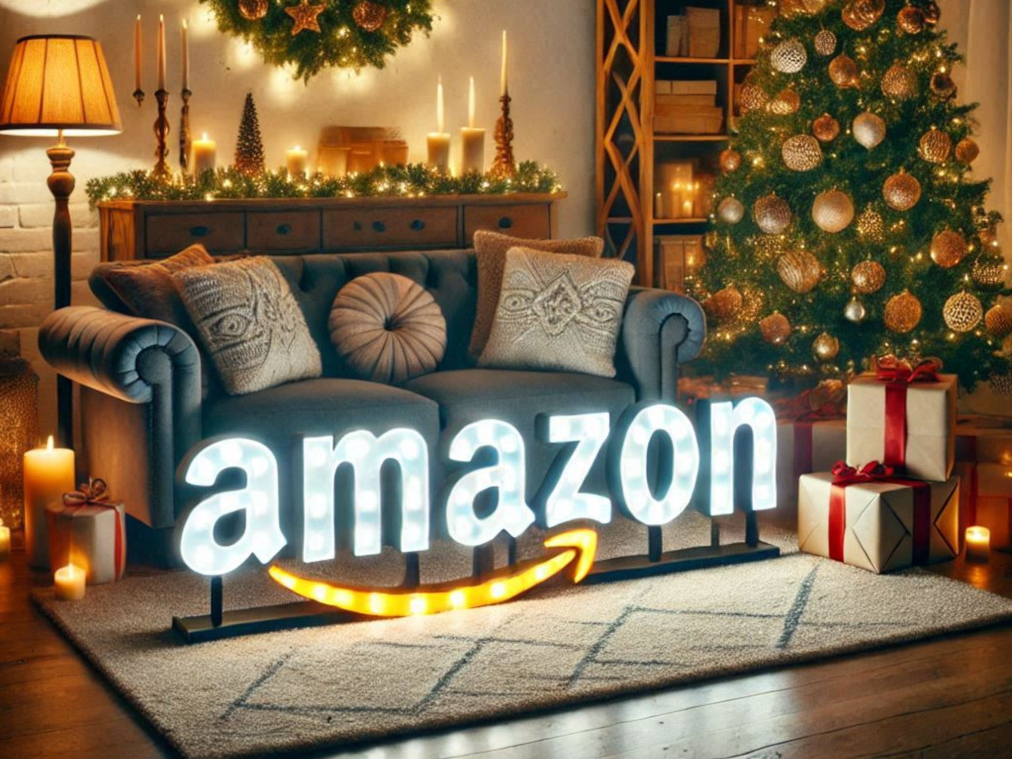 Amazon-Logo in weihnachtlicher Stimmung eines Wohnzimmers.