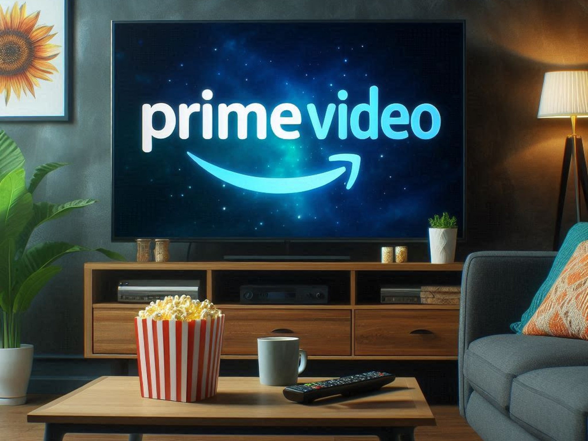 Logo von Prime Video auf einem Fernseher in einem Wohnzimmer.