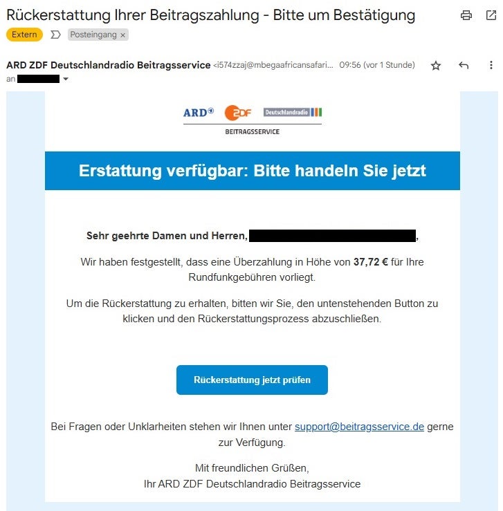 Phishing-Mail zum Rundfunkbeitrag