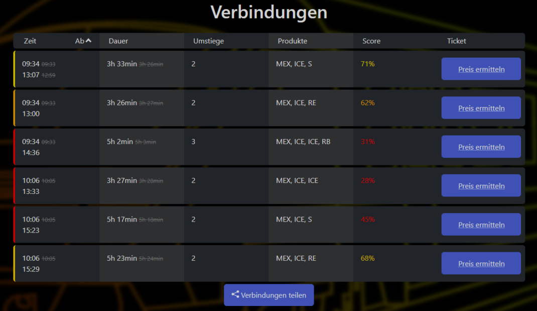 Screenshot aus der Bahnvorhersage App, in der „Verbindung“-Funktion