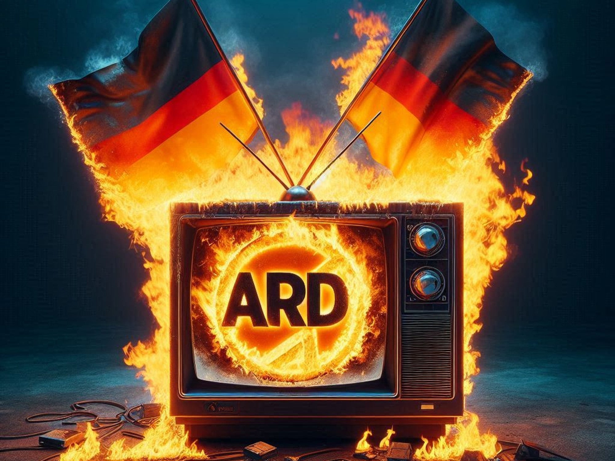 Logo von ARD auf einem brennenden Fernseher.