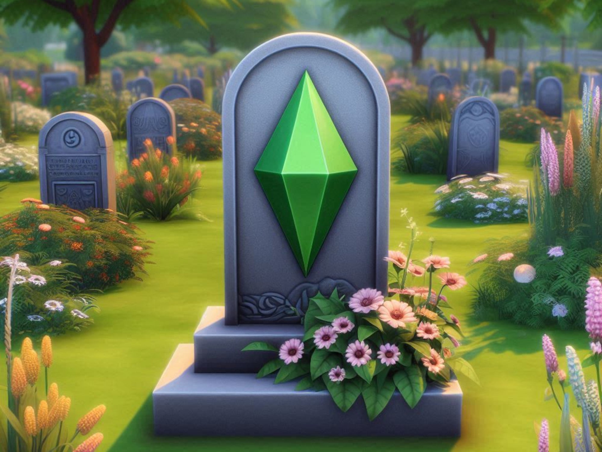 Ein Grabstein mit dem Sims Logo