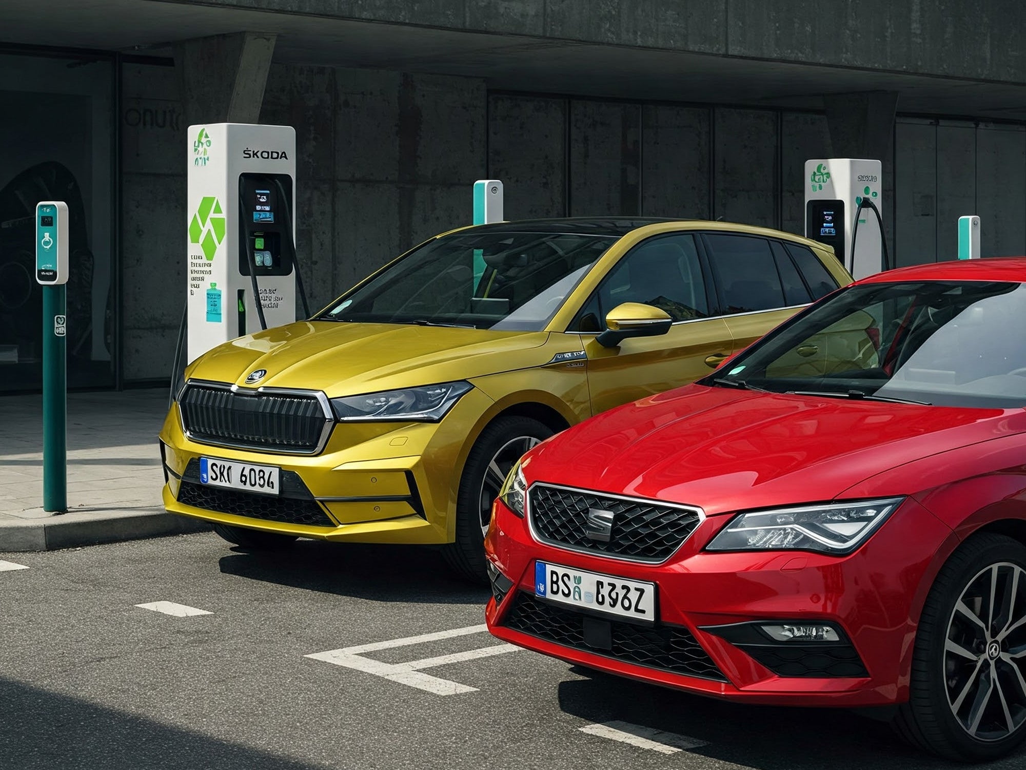 Skoda und Seat an einer Ladesäule geparkt.