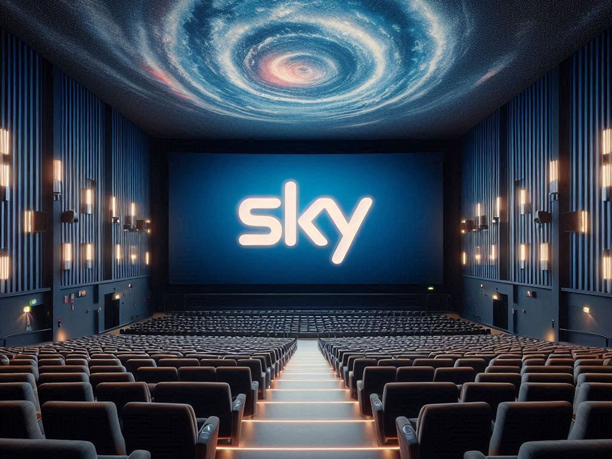 Sky-Logo auf einer Kinoleinwand.