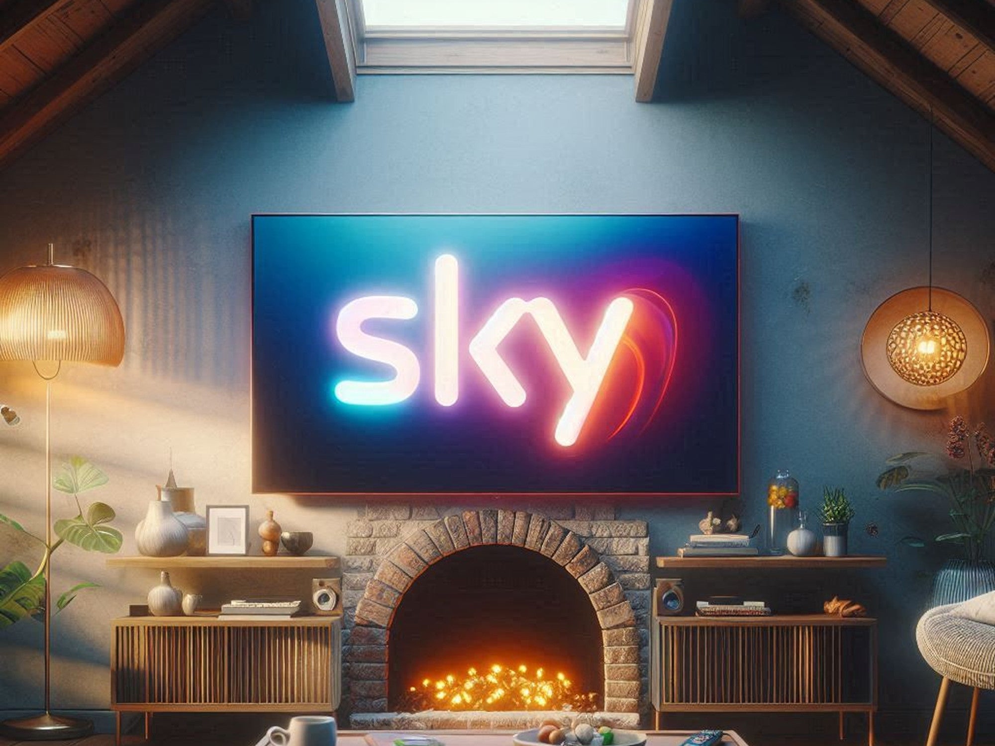 Sky-Logo auf einem Fernseher in einer Dachgeschosswohnung.