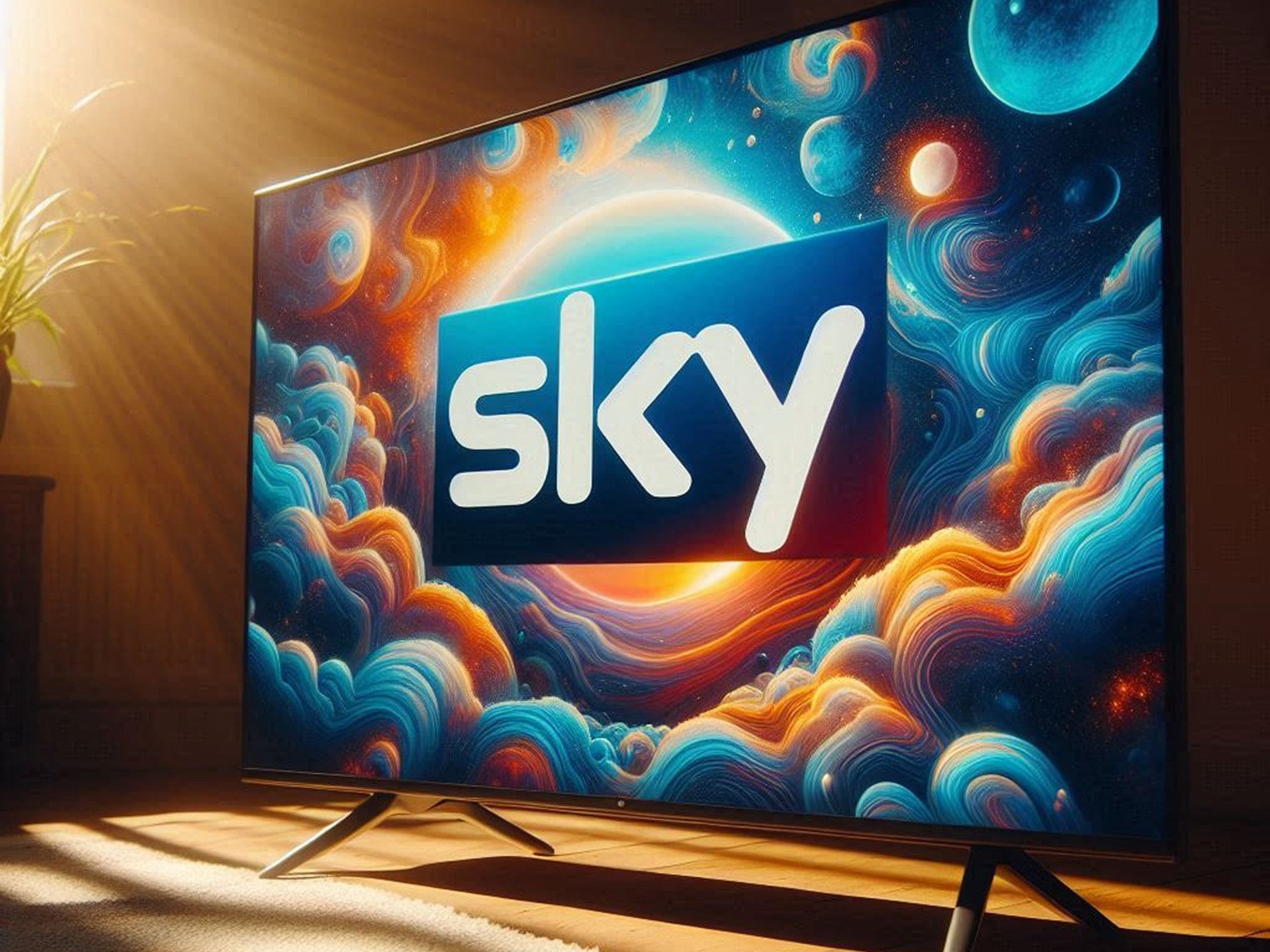 Fernseher mit Sky-Logo im Sonnenlicht.