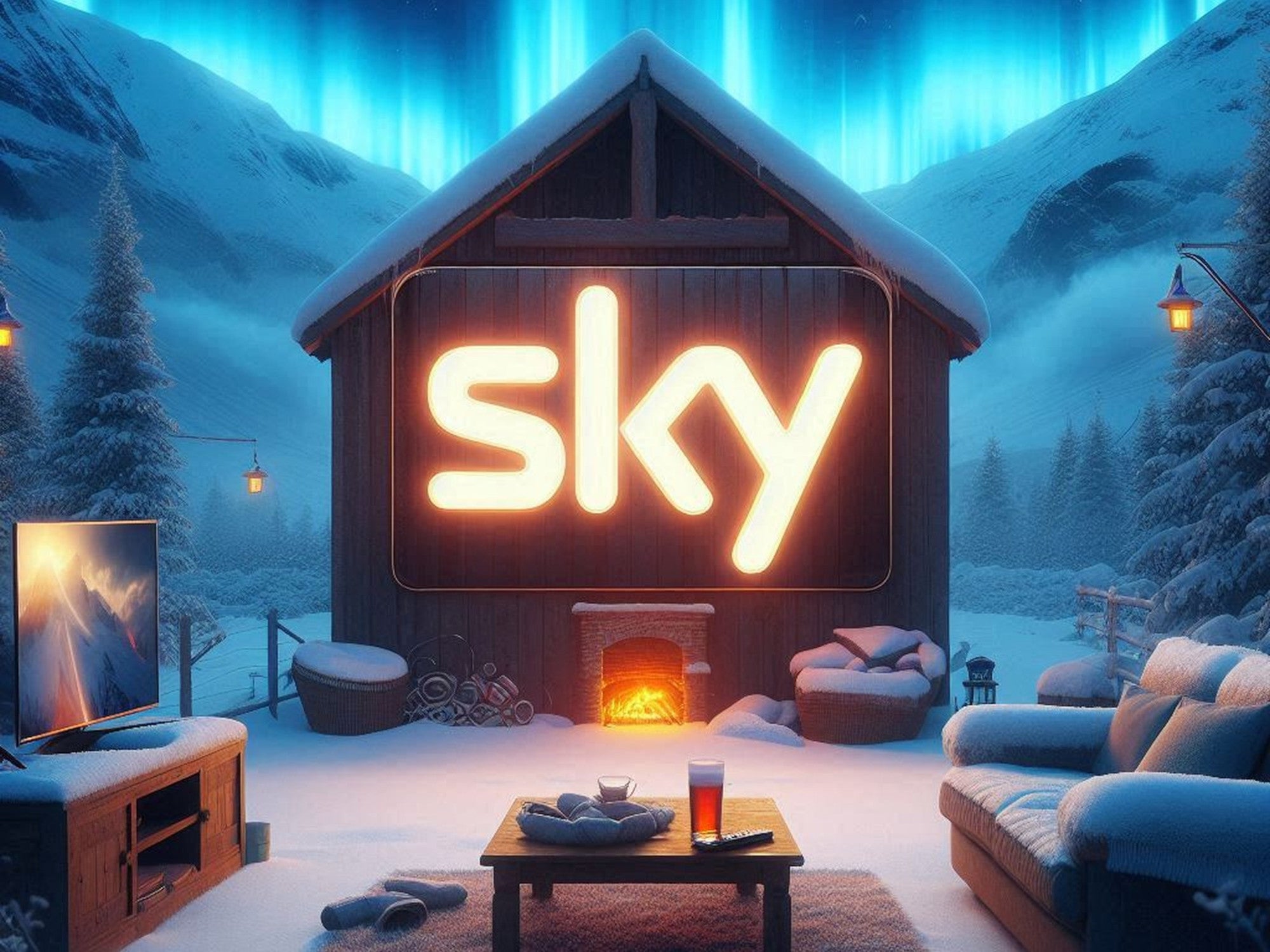 Sky-Logo auf einem Symbolbild mit winterlicher Landschaft.